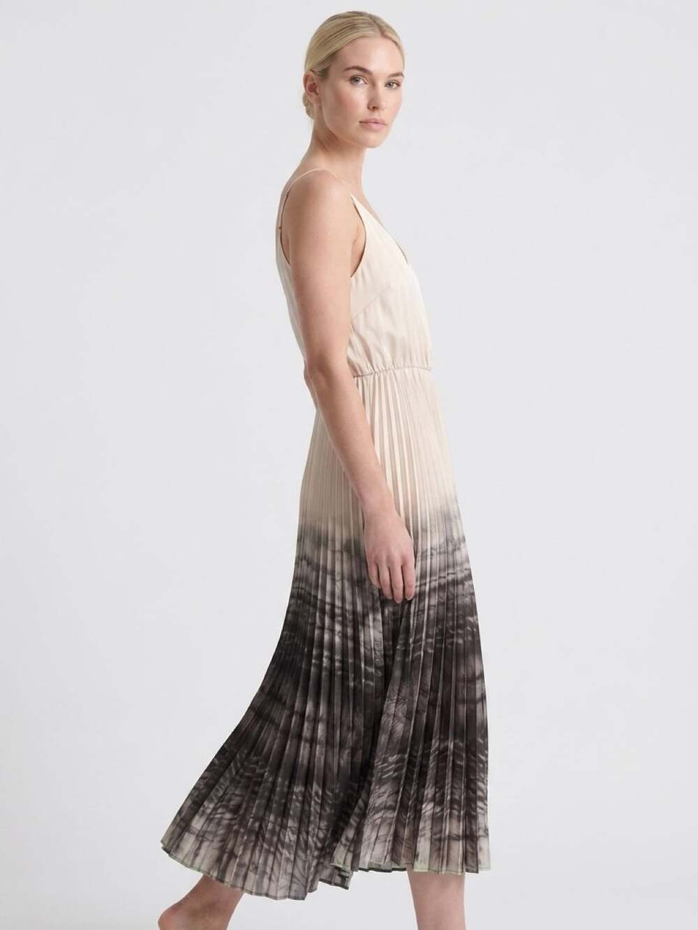 AllSaints Celilia Pleated Tie Dye Midi Dress Ecru White